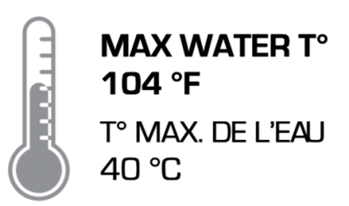Carvin LED above-ground pool light maximum water temperature specification graphic, showing a safe operating limit of 104°F (40°C)