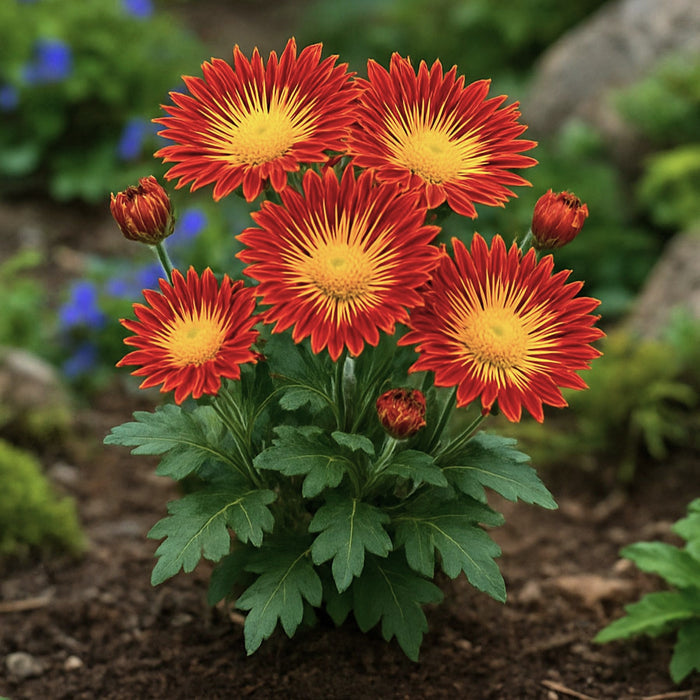 hardy mum Matchsticks features yellow flowers with red tips