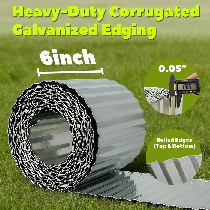 Heavy-duty corrugated galvanized edging with measurement details on a grass background #metal-gray