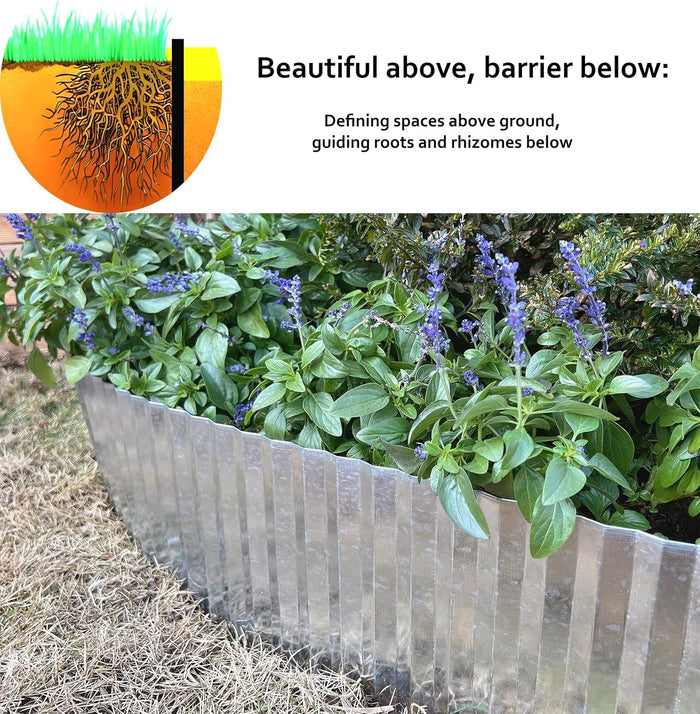 Metal garden border with plants and text about defining spaces above and below ground. #metal-gray