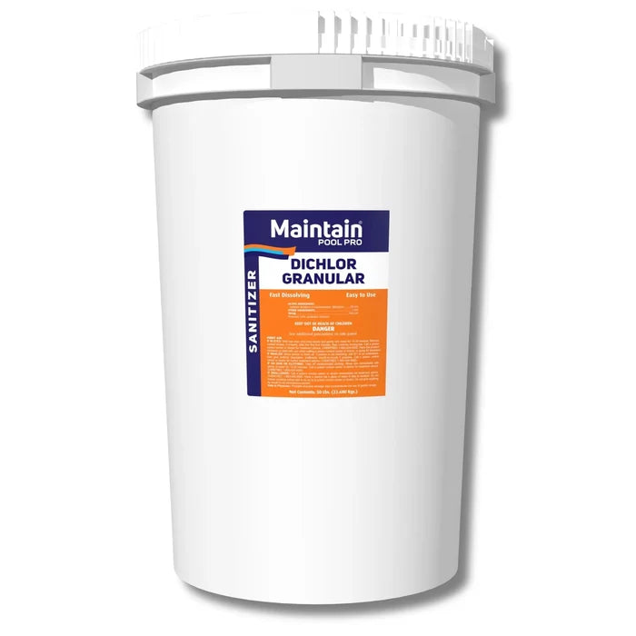 Maintain Pool Pro 50 lb. di-chlor granular chlorine bucket for sanitizing and shocking swimming pools