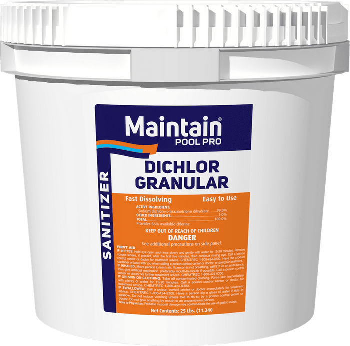 Maintain Pool Pro 25 lb. di-chlor granular chlorine bucket for sanitizing and shocking swimming pools