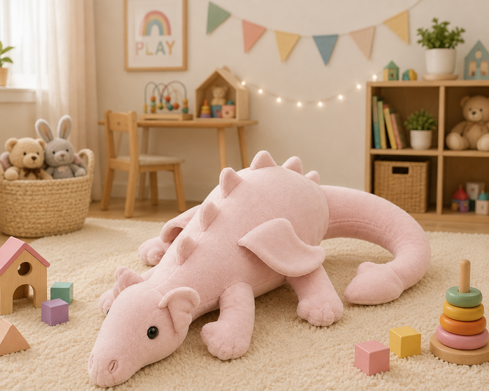 Pink flying dragon plush in playroom