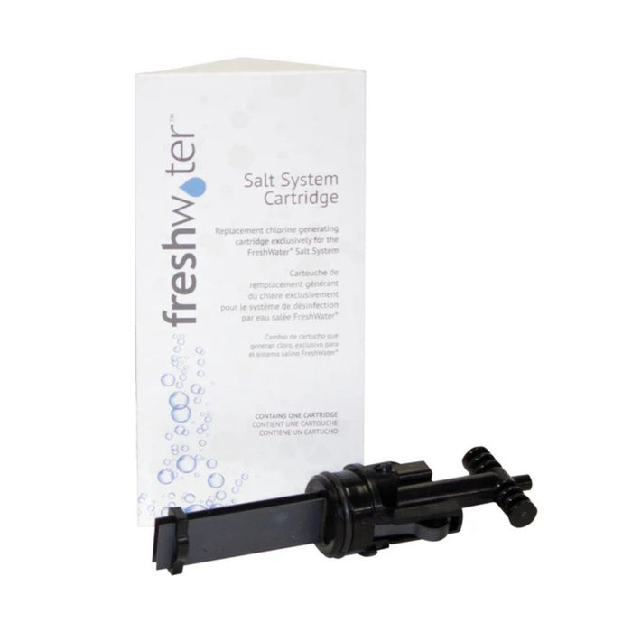 FreshWater Salt System replacement cartridge displayed in front of its white single-pack retail box
