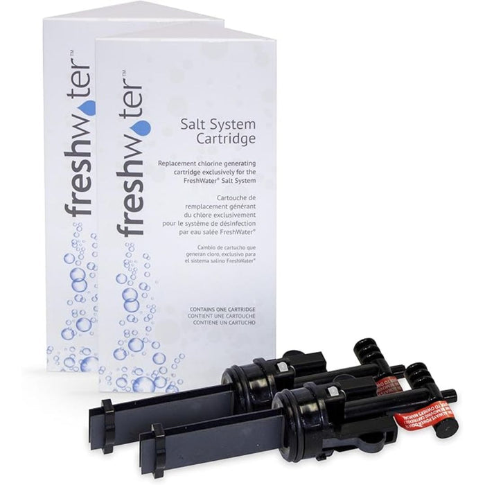 FreshWater Salt System replacement cartridge displayed in front of its white single-pack retail box