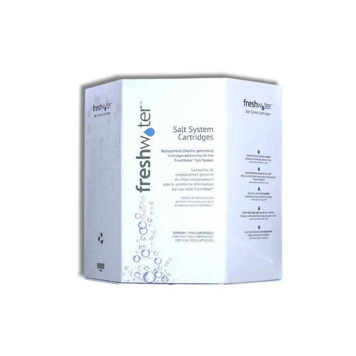 FreshWater Salt System replacement cartridges displayed in their white 3-pack retail box