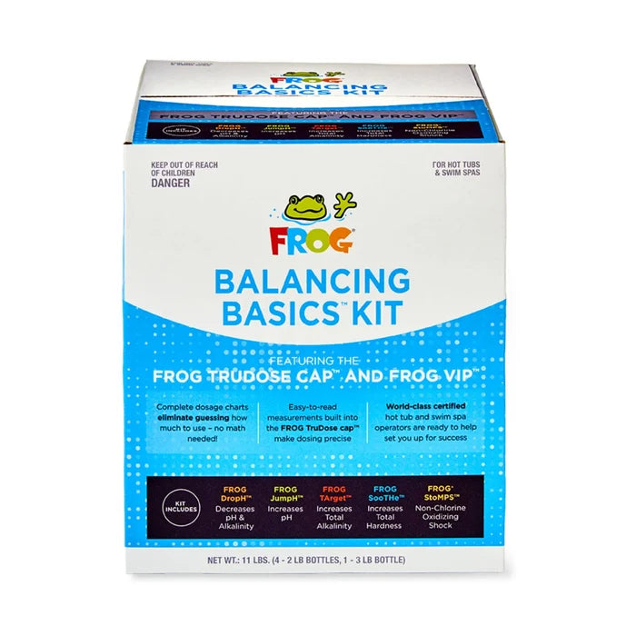 Frog Balancing Basics Kit featuring the TruDose Cap and five hot tub water care chemicals: DropH, JumpH, TArget, SooTHe, and StoMPS shock
