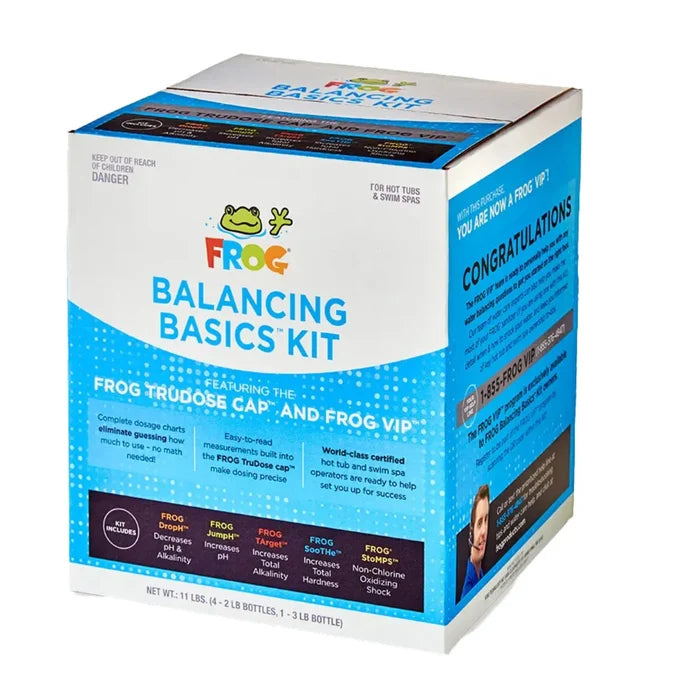 Angled view of the Frog Balancing Basics Kit box displaying the FROG VIP side panel for live hot tub water care support