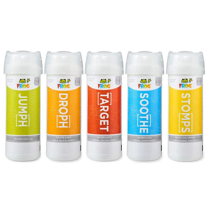 Five individual hot tub water care bottles included in the Frog Balancing Basics Kit: JumpH, DropH, TArget, SooTHe, and StoMPS non-chlorine shock