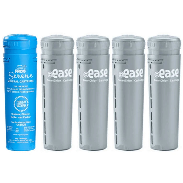 FROG @ease In-Line System chemical bundle featuring four silver SmartChlor sanitizer cartridges and one blue mineral cartridge