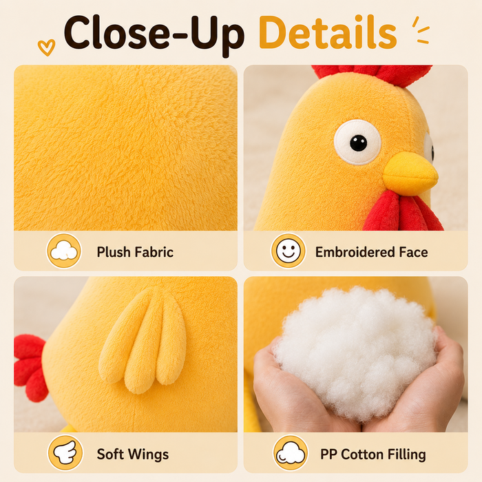 Chicken plush pillow close-up details showing plush fabric wings face and PP cotton filling