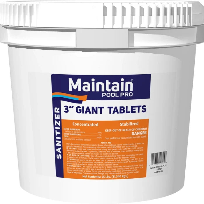 Maintain Pool Pro 25 lb. 3-inch giant chlorine tablets bucket containing concentrated 99% stabilized tri-chlor for swimming pool sanitization