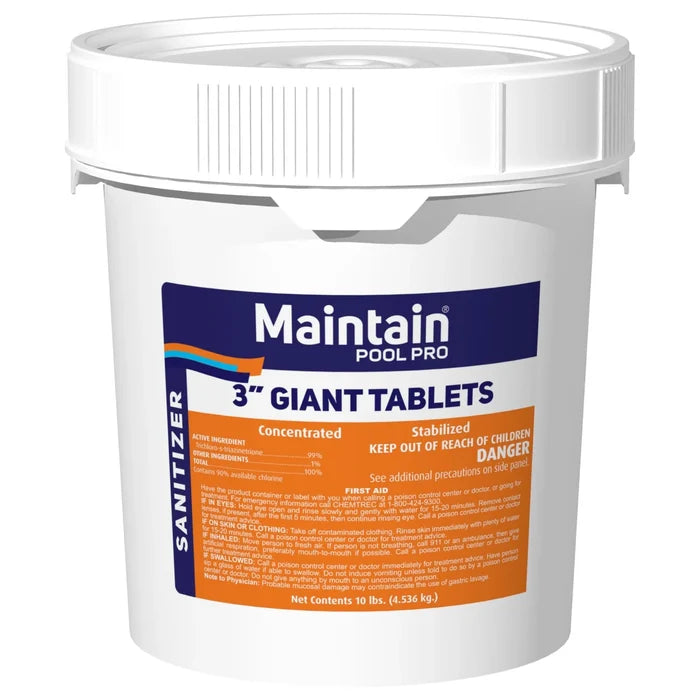 Maintain Pool Pro 10 lb. 3-inch giant chlorine tablets bucket containing concentrated 99% stabilized tri-chlor for swimming pool sanitization