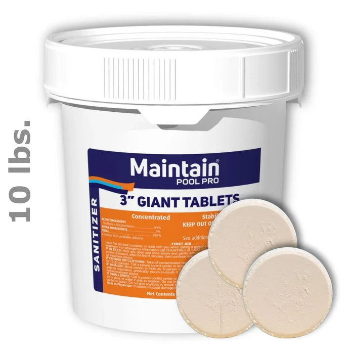 Maintain Pool Pro 10 lb. 3-inch giant chlorine tablets bucket, displayed next to three unwrapped, slow-dissolving tri-chlor pucks