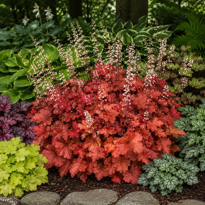 Heuchera Cinnamon Stick blooming in shade garden border