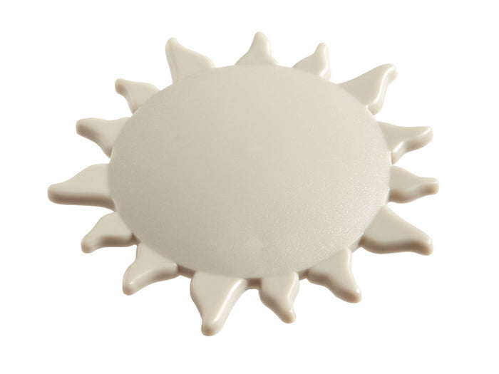 Sunburst style decorative snap-in cover for in-ground safety pool cover anchors by HPI Deck Creations