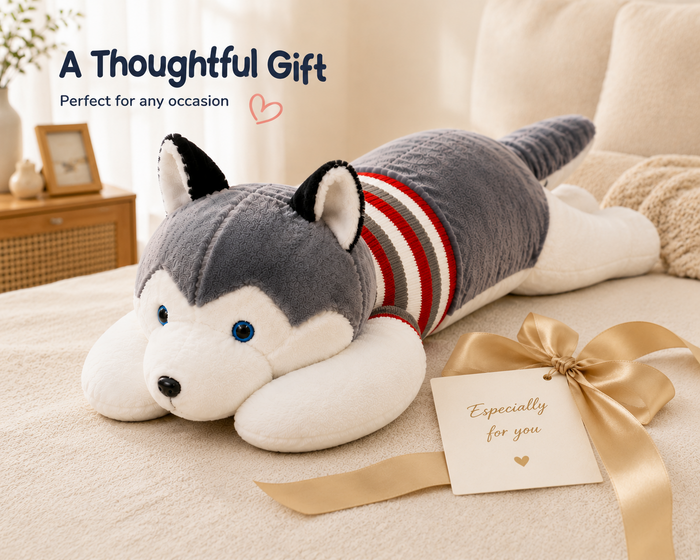 Husky plush body pillow gift presentation