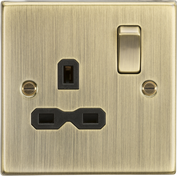 Knightsbridge MLA CS7AB 13A 1G DP Switched Socket with Black Insert - Square Edge Antique Brass