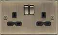 Knightsbridge MLA CS9AB 13A 2G Switched Socket with Black Insert - Square Edge Antique Brass