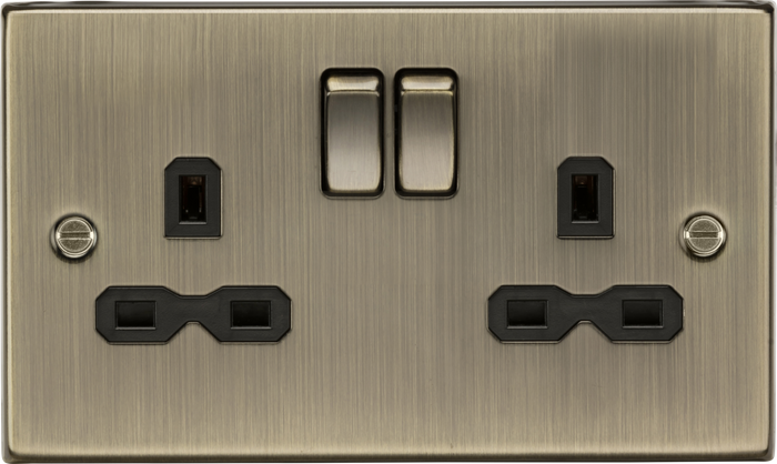 Knightsbridge MLA CS9AB 13A 2G Switched Socket with Black Insert - Square Edge Antique Brass