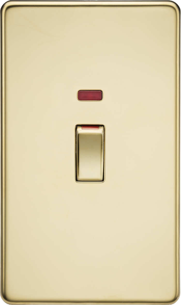 Knightsbridge MLA Screwless SF82MNPB 45A 2G DP switch with neon - polished brass