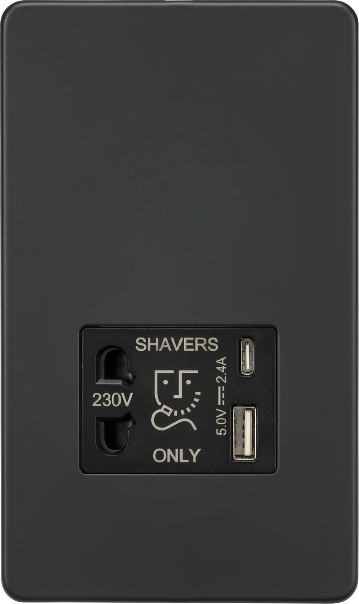 Knightsbridge MLA Screwless SF8909AT Shaver socket with dual USB A+C (5V DC 2.4A shared) - Anthracite