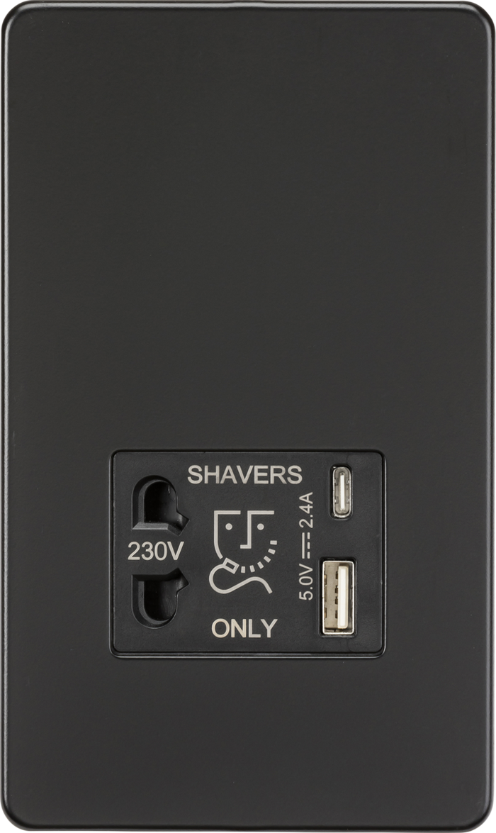 Knightsbridge MLA Screwless SF8909MB Shaver socket with dual USB A+C (5V DC 2.4A shared) - matt black