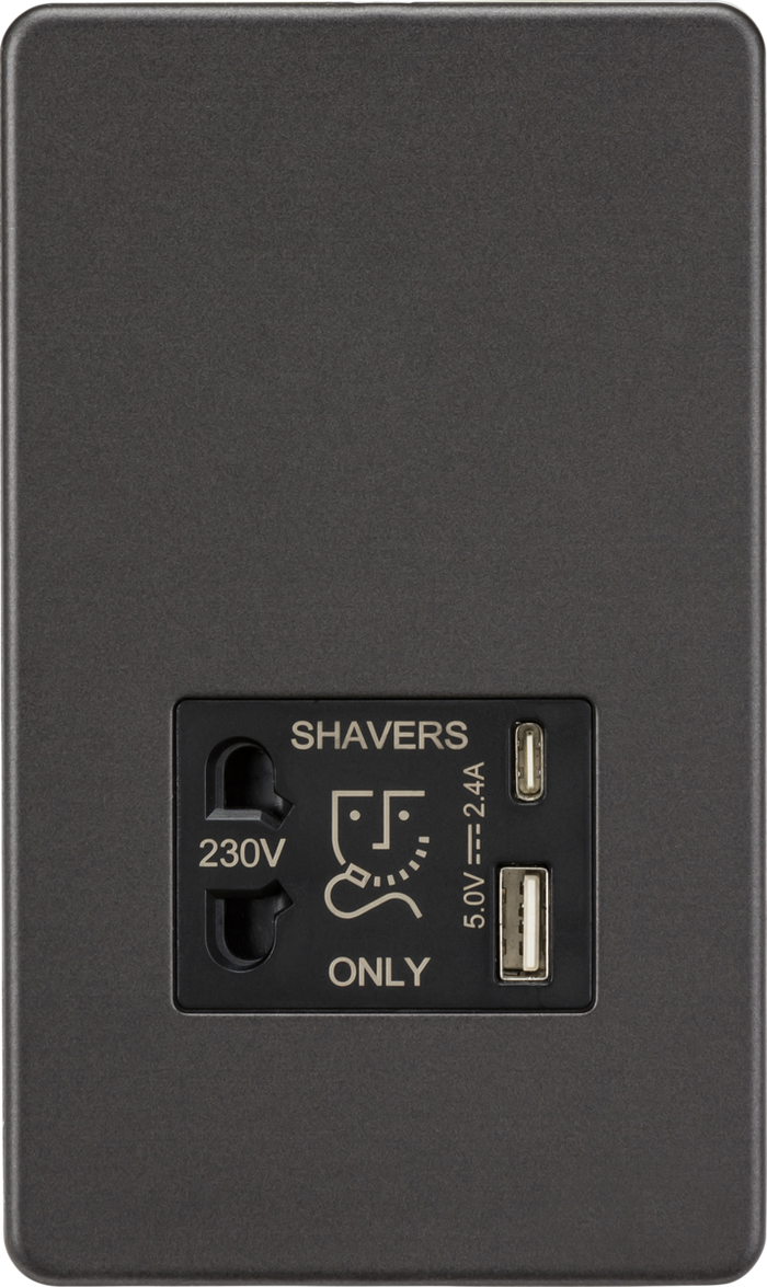 Knightsbridge MLA Screwless SF8909SB Shaver socket with dual USB A+C (5V DC 2.4A shared) - smoked bronze