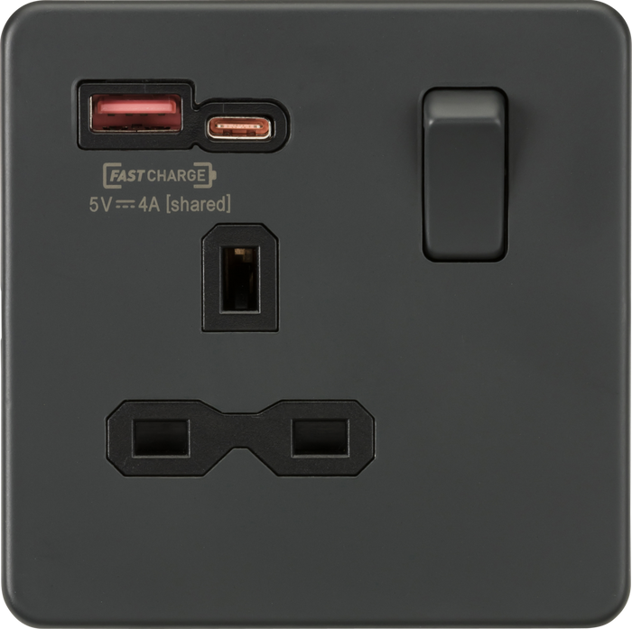 Knightsbridge MLA Screwless SFR9919AT 13A 1G Switched Socket with dual USB [FASTCHARGE] A+C - Anthracite