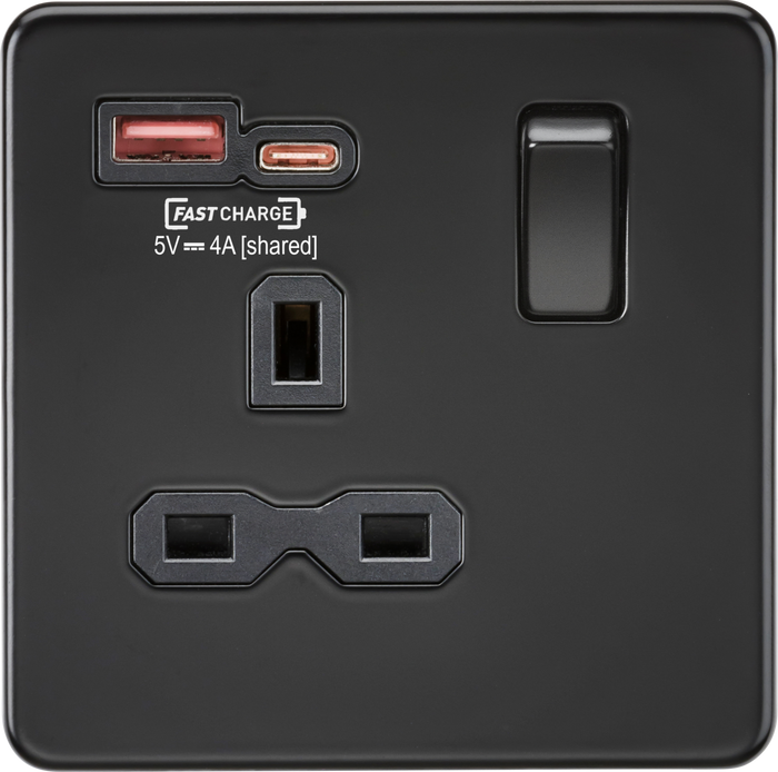 Knightsbridge MLA Screwless SFR9919MBB 13A 1G Switched Socket with dual USB [FASTCHARGE] A+C - Matt Black
