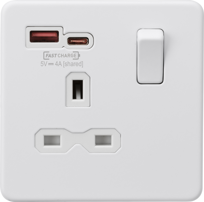 Knightsbridge MLA Screwless SFR9919MW 13A 1G Switched Socket with dual USB [FASTCHARGE] A+C - Matt White