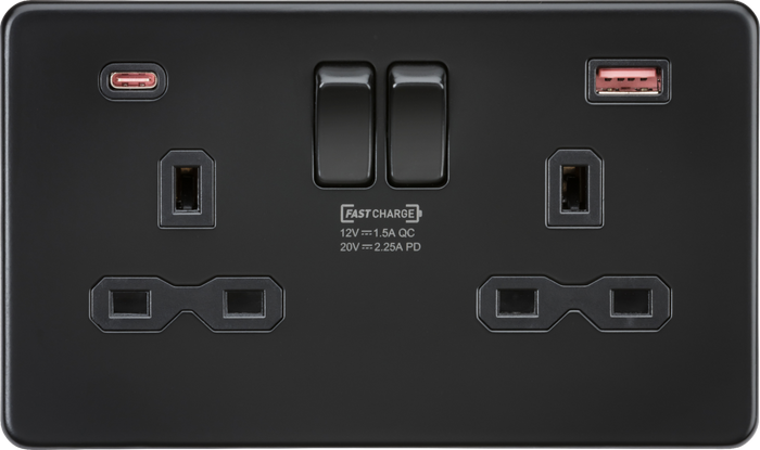 Knightsbridge MLA Screwless SFR9945MBB 13A 2G DP Switched Socket with Dual USB A+C [45W FASTCHARGE] - Matt Black
