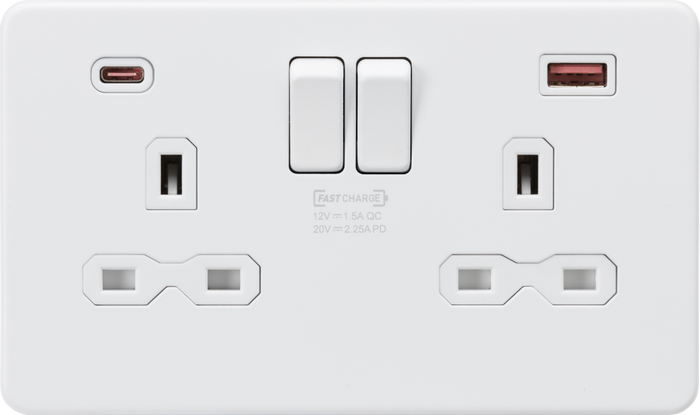 Knightsbridge MLA Screwless SFR9945MW 13A 2G DP Switched Socket with Dual USB A+C [45W FASTCHARGE] - Matt White