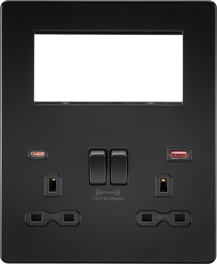 Knightsbridge MLA SFR994MBB Screwless Small Multimedia Combination  Plate with FASTCHARGE - Matt Black