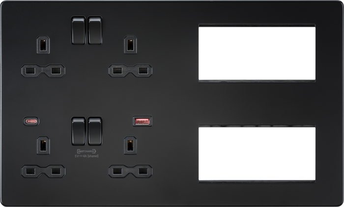 Knightsbridge MLA SFR998MBB Screwless Combination Plate with Dual USB FASTCHARGE A+C - Matt Black