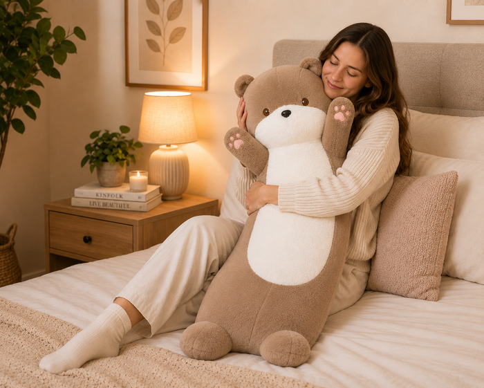 Large plush bear pillow in cozy living room