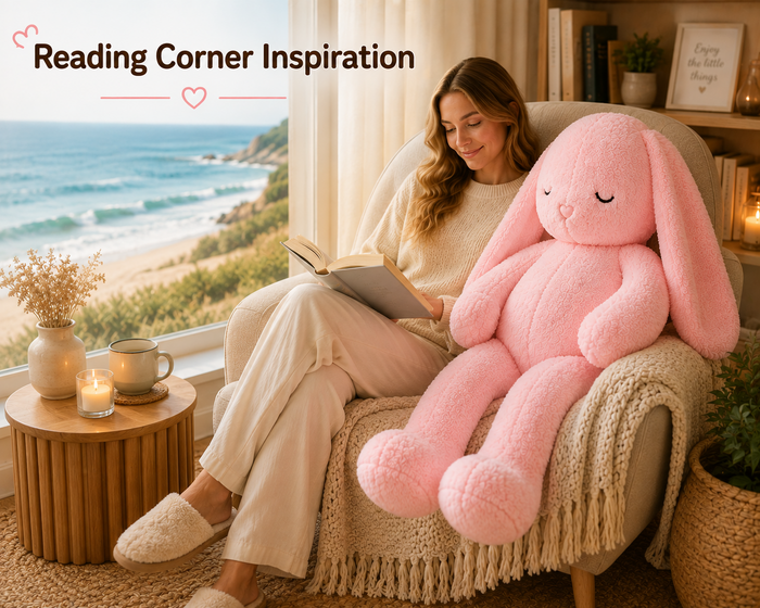 Large rabbit plush pillow reading corner