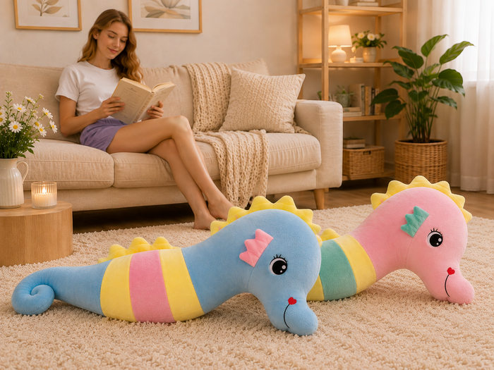 Large seahorse plush pillows in blue and pink