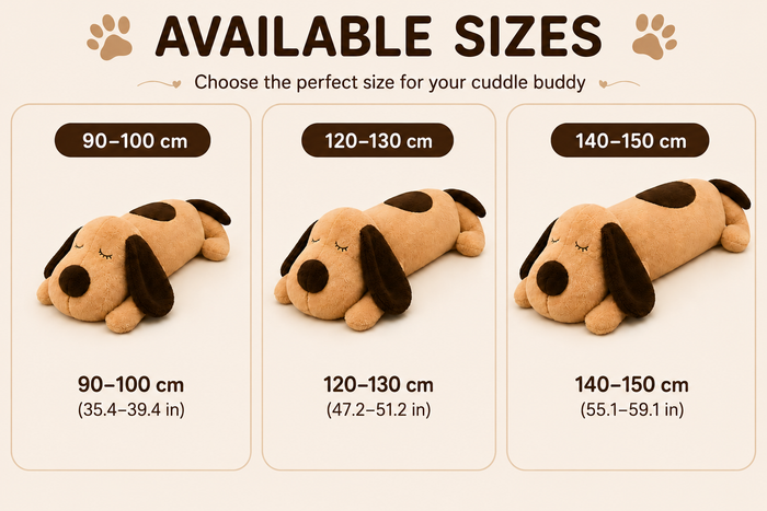 Large Sleeping Dog Plush Pillow, Stuffed Animal, Body Cushion, 3 Sizes