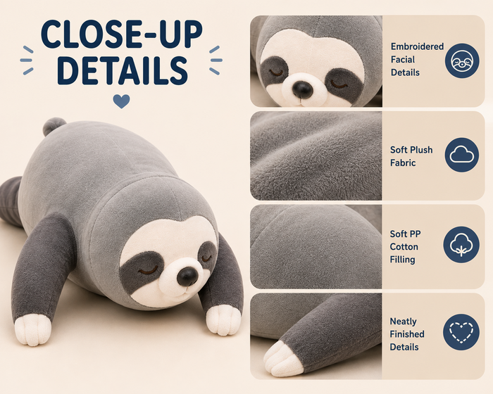 Sloth plush pillow close-up details