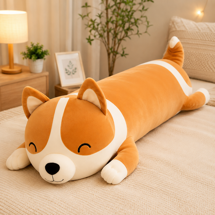 Long corgi plush pillow on bed