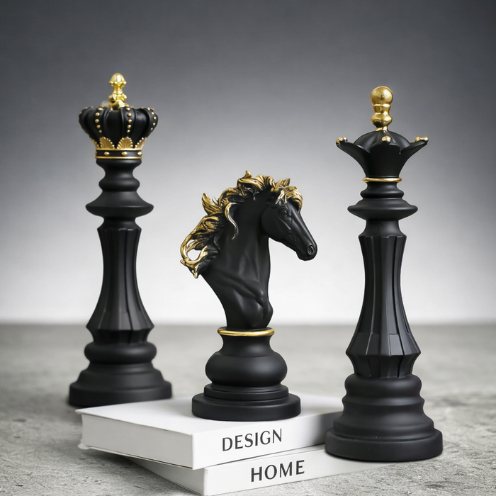 Black luxury chess piece decor set with king queen and knight