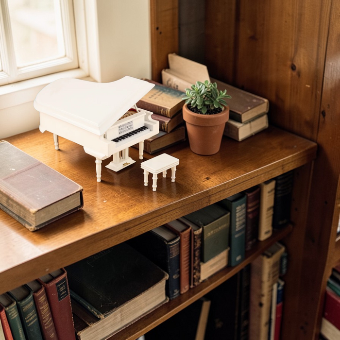 White miniature grand piano displayed on a shelf