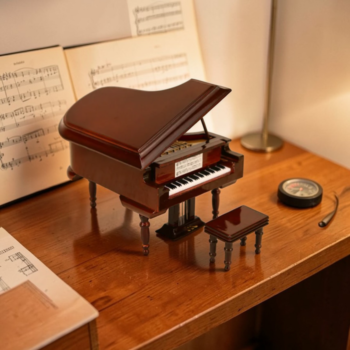 Brown miniature grand piano displayed on a desk