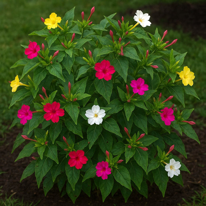 white red pink yellow multi color flowers blooming on Mirabilis plant