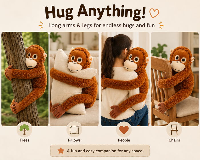 Monkey plush long arms hugging trees pillows people and chairs