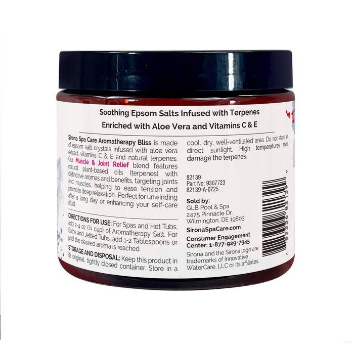 Back label of Sirona Spa Care Aromatherapy Bliss Muscle & Joint Relief 1 lb jar showing directions and details