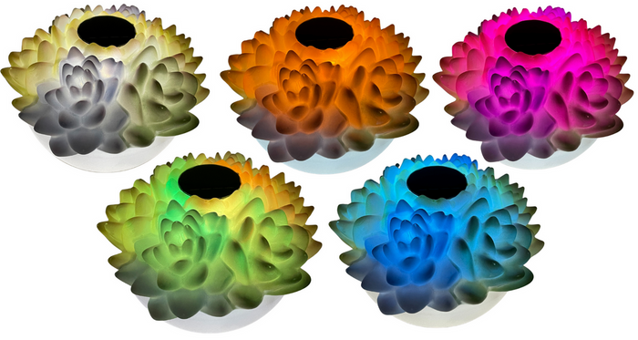 Five PatioGLO LED succulent solar-powered floating pool lights shown in various color-changing modes