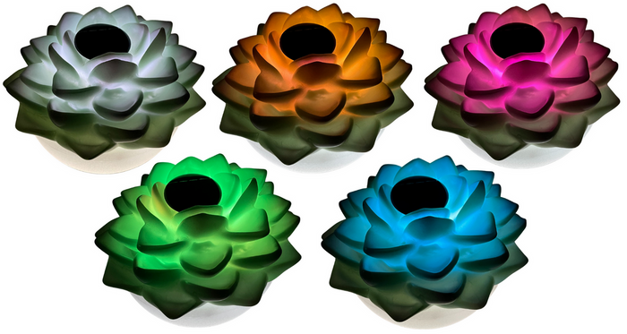 Five PatioGLO LED succulent solar-powered floating pool lights shown in various color-changing modes