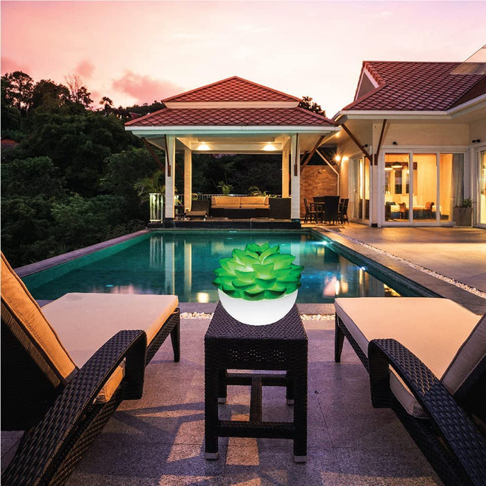 PatioGLO LED succulent solar-powered light placed on a patio table at dusk overlooking a swimming pool